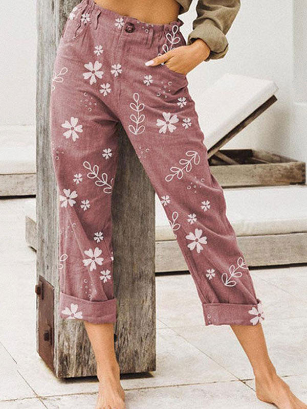 Pantalones estampados de lino y algodón de moda para mujer