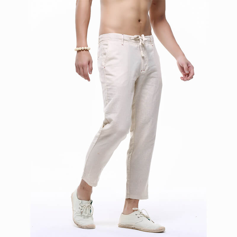 Piernas finas y ligeras de verano para hombres, pantalones de algodón de lino transpirables