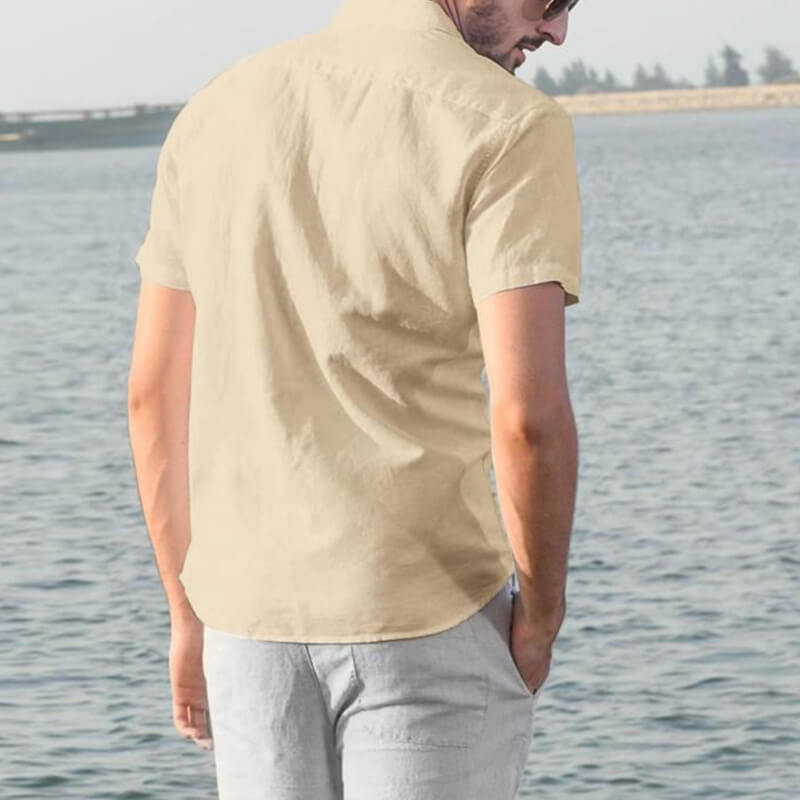 Paprastos vasariškos kvėpuojančios trumpų rankovių marškinėliai iš vyriškos medvilnės drobės
