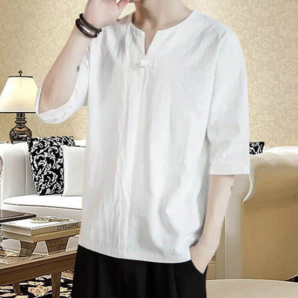 Camiseta con cuello de pico para hombre hecha de algodón y lino con cuello en V