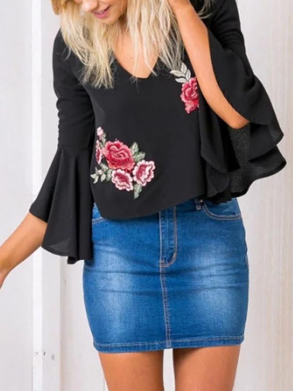 Camisa sexy de manga larga para mujer con bordado floral