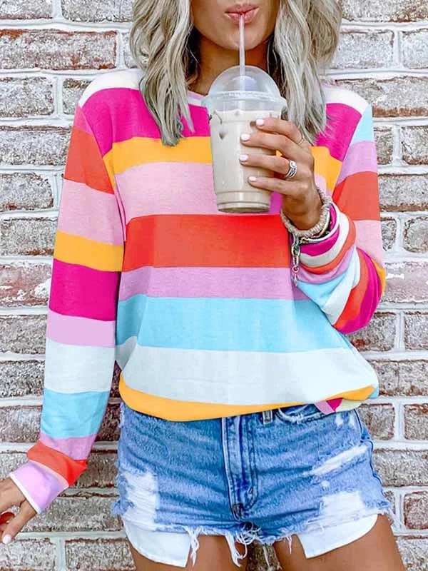 Moda para mujer Impreso Cuello redondo Manga larga Colorido Rayas rojas Top