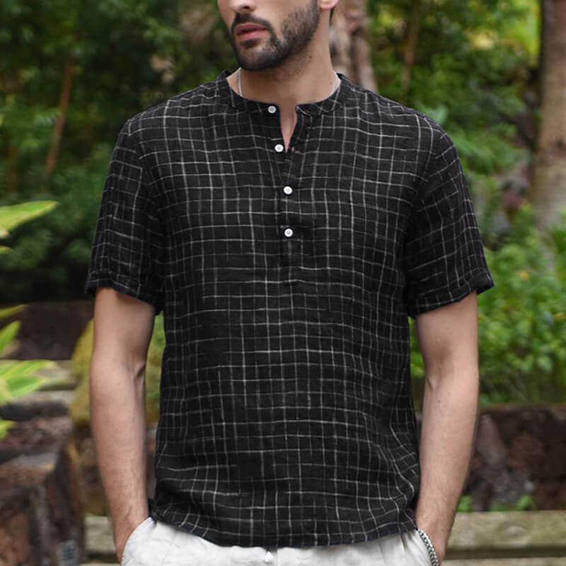 Camisa casual básica de verano para hombre con lona de algodón a cuadros