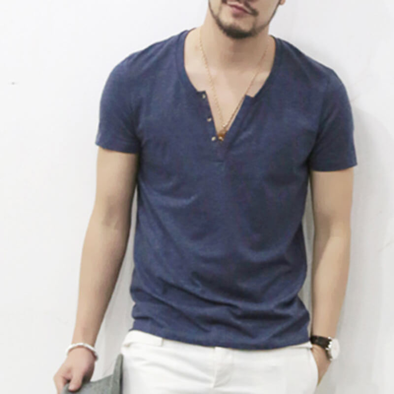 Men&#39;s Summer Cool Comfy Henley Collar Slim Short Sleeve Cotton T-Shirts