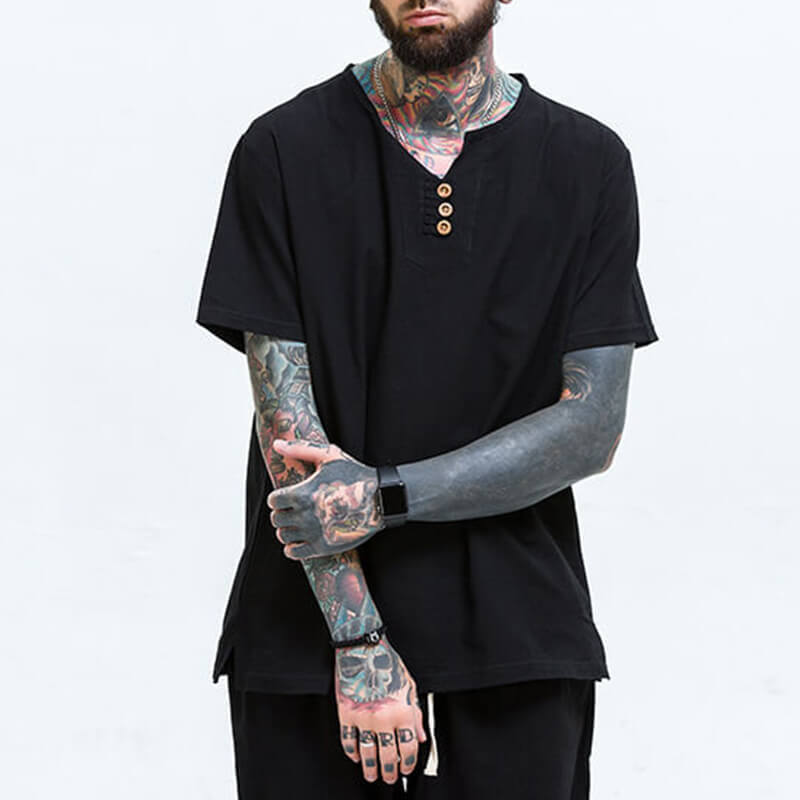 Vyriški vintažiniai patogūs trumpų rankovių medvilniniai marškiniai trumpomis rankovėmis ir V formos kakleliu