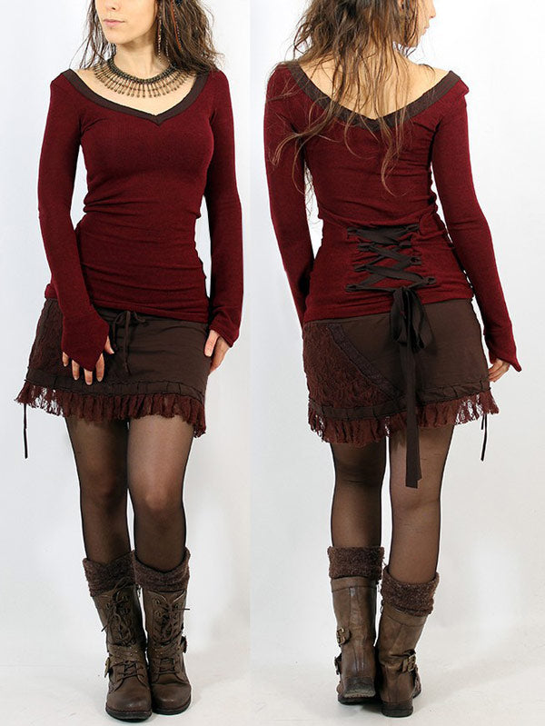 Damen Pullover mit V-Ausschnitt und Schnürung