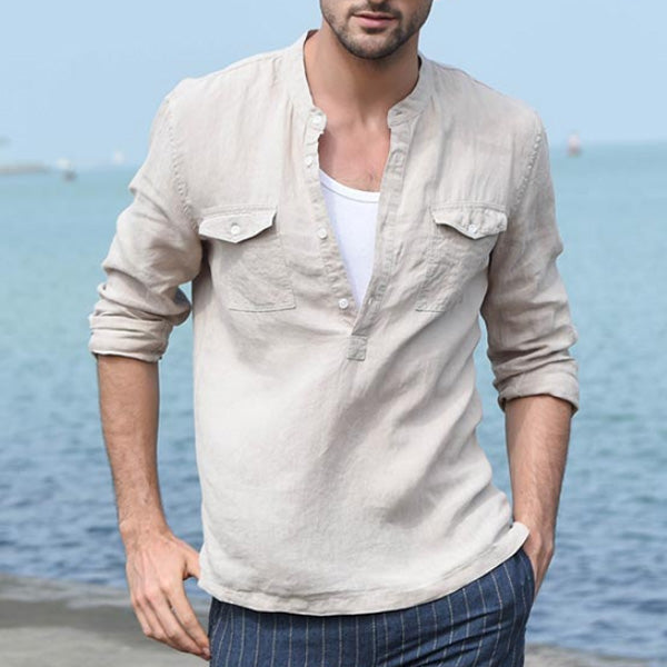 Bequemes dünnes lässiges Langarmhemd aus Leinen für Herren