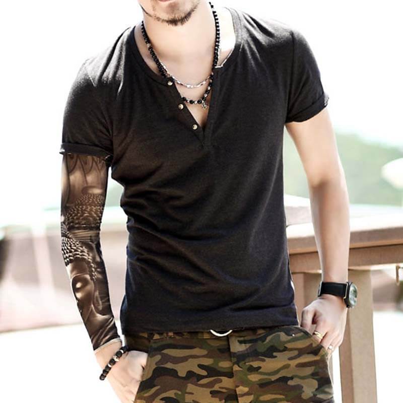 Men&#39;s Summer Cool Comfy Henley Collar Slim Short Sleeve Cotton T-Shirts