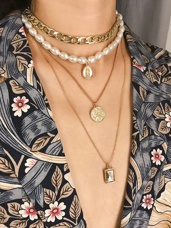 Collar multicapa de perlas con monedas de perlas para mujer