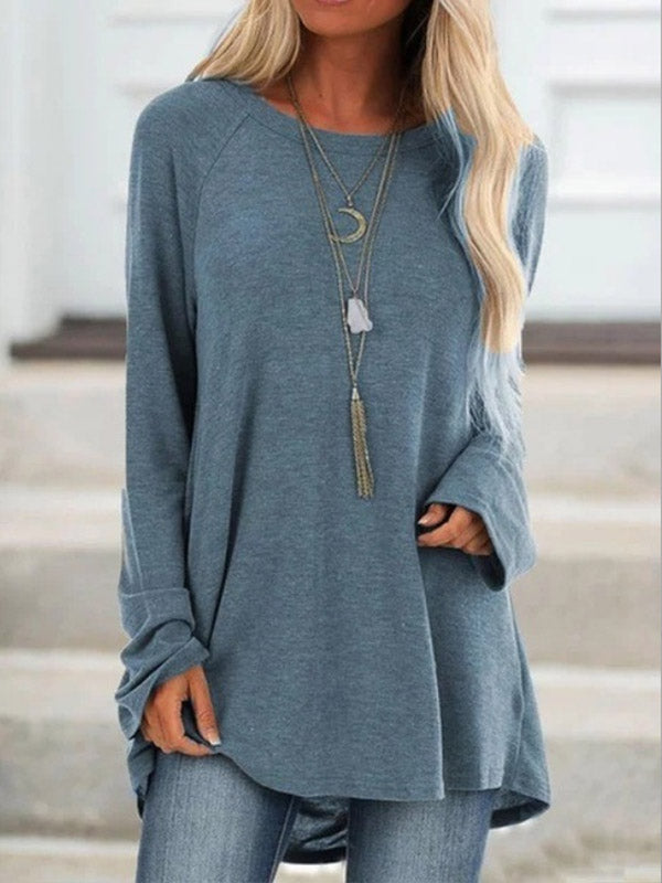 Camisa casual de mujer color puro con cuello redondo y manga larga