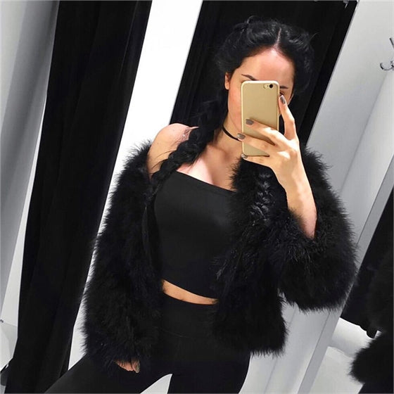 Black Raccoon Feather Fur Jacket
