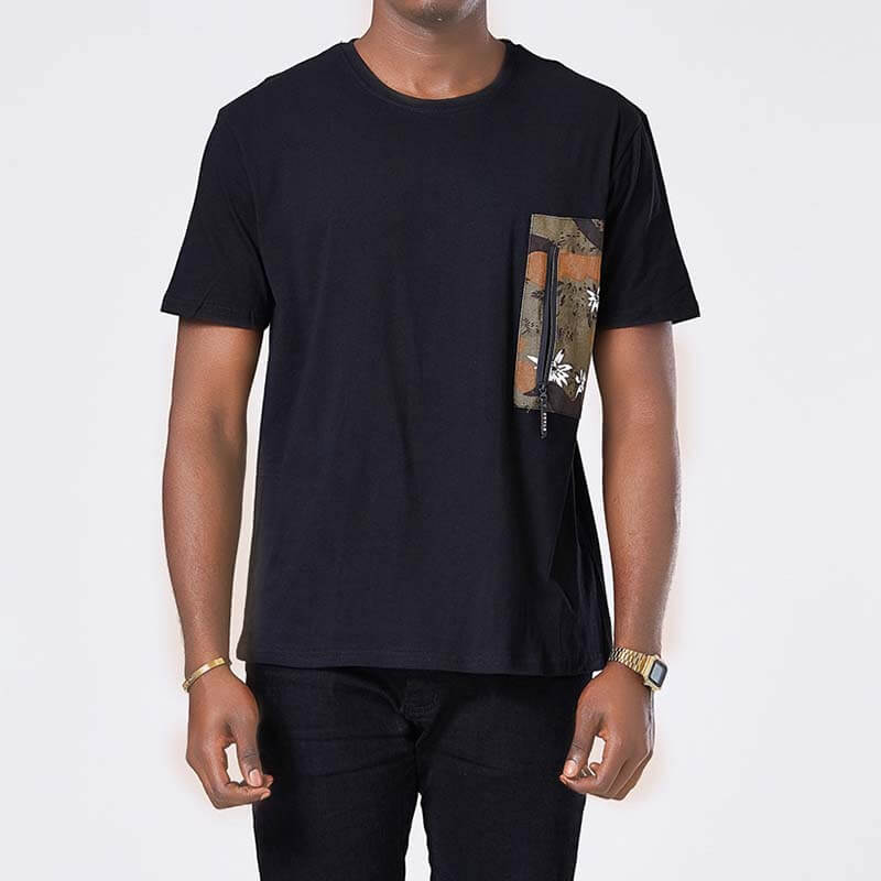 Paprastos kamufliažinės atspausdintos kišenės trumpomis rankovėmis iš medvilnės-juodų vyrams