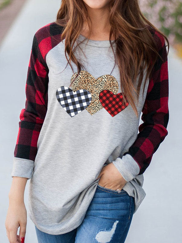 Frauen Plaid Leopard Heart Valentinstag T-Shirt