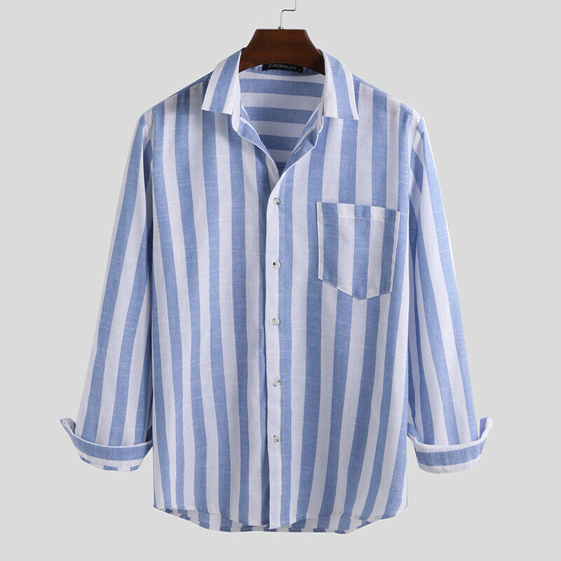 Camisa de lino natural ligera a rayas cómoda para hombre