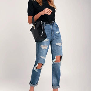 JEANS MAMÁ DE TALLE ALTO DESTRUIDOS CON LAVADO MEDIO