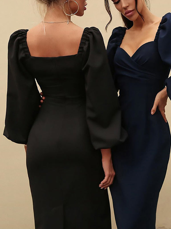 Vestido a media pierna con cuello en v vestido bodycon con mangas hinchadas