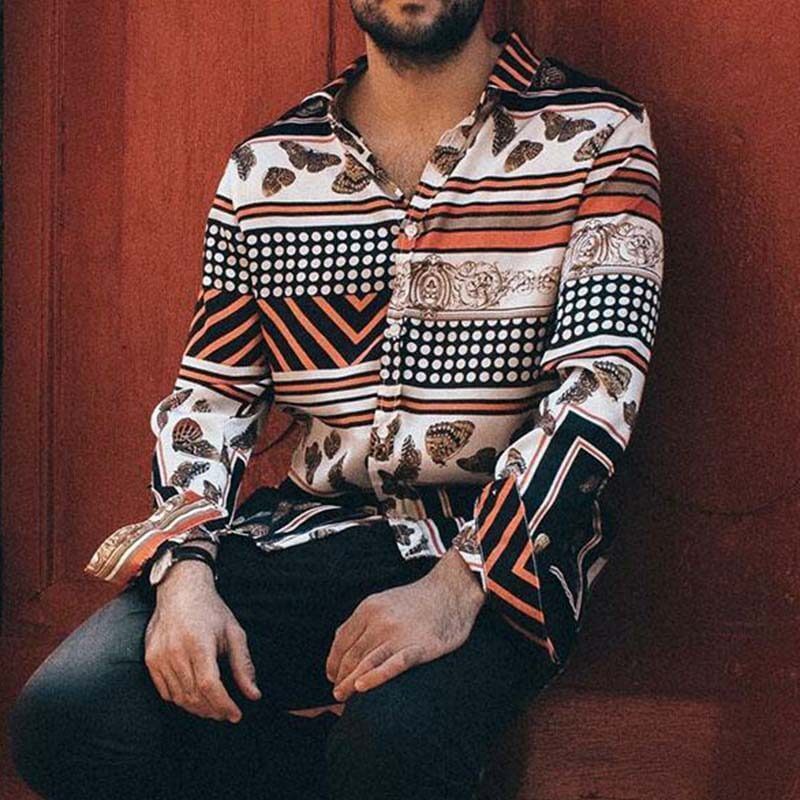 Camisas de mezcla de algodón de manga larga estampadas con estampado vintage para hombre