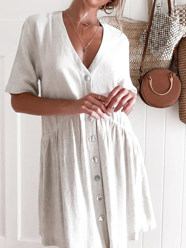 Vestido de botones con minivestido con cuello en v y bolsillo