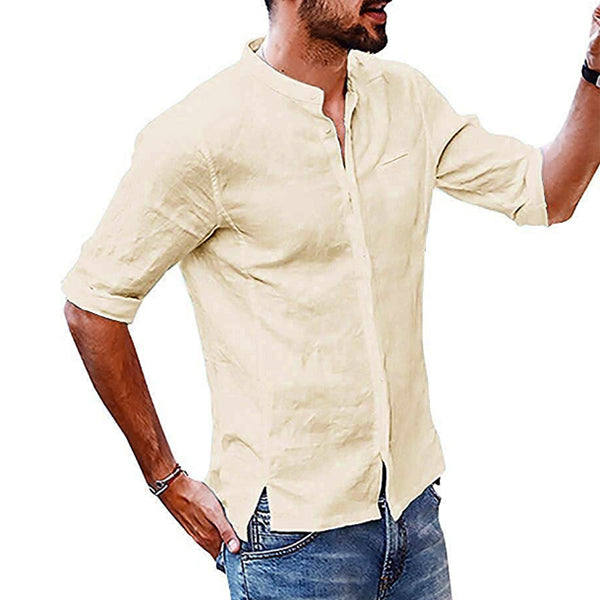 Camisa de lino simple con cuello alto para hombre.