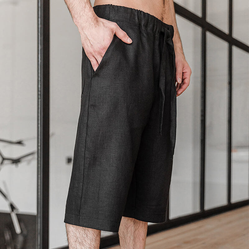 Clásico ligero Cordón sencillo y suelto para hombre Negro Cómodo pantalón de lino natural Pantalón corto