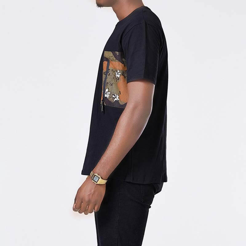 Paprastos kamufliažinės atspausdintos kišenės trumpomis rankovėmis iš medvilnės-juodų vyrams