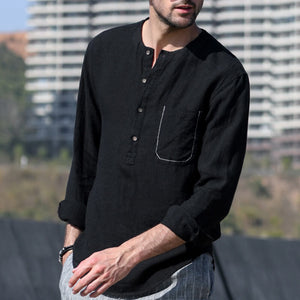 Men&#39;s summer vintage solid color round neck long sleeve long sleeve breathable linen shirt