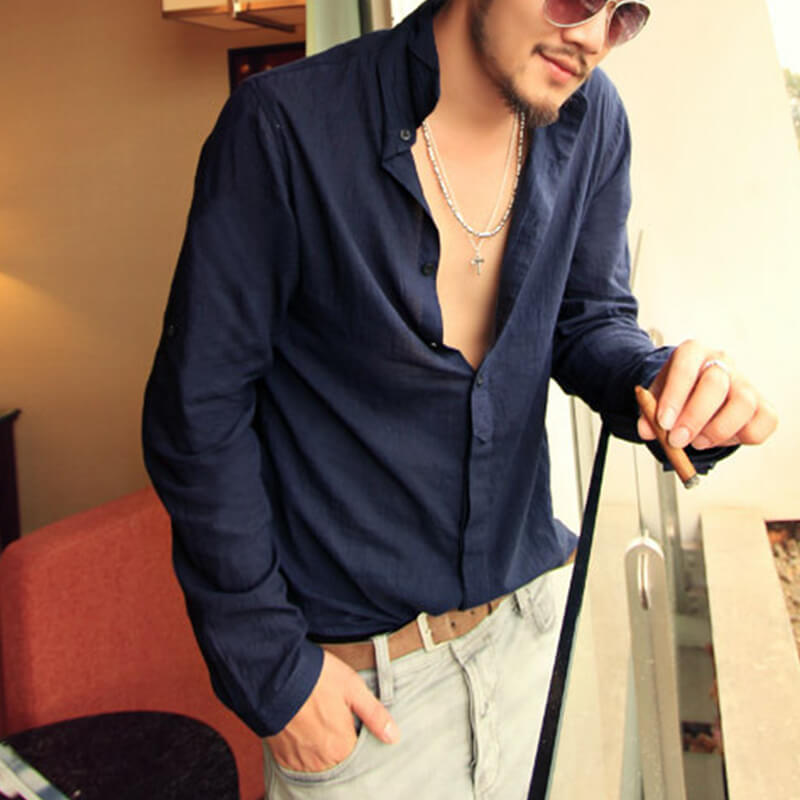 Stilvolles natürliches Langarm-Leinenhemd für Herren