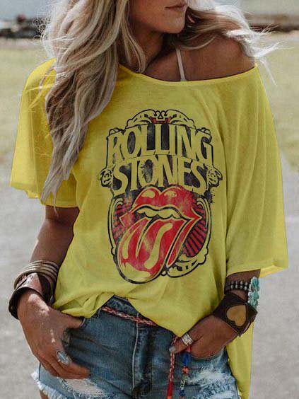 ROLLING STONES Impreso Word Collar Loose Camiseta de mujer