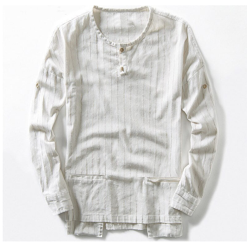 Vyriškos mados dvigubos kišenės su apvalia apykakle, dryžuotomis medvilninėmis ilgomis rankovėmis