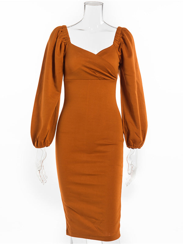 Vestido a media pierna con cuello en v vestido bodycon con mangas hinchadas