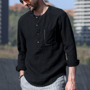 Men&#39;s summer vintage solid color round neck long sleeve long sleeve breathable linen shirt