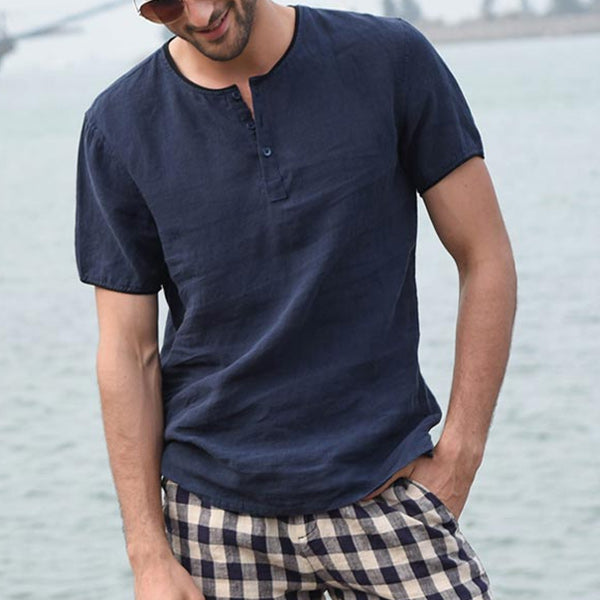 Leichtes Kurzarmhemd aus Leinen in Kontrastfarbe für Herren