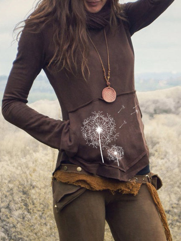 Damen Vintage gefärbte Löwenzahn Print Tasche Langarm T-Shirt