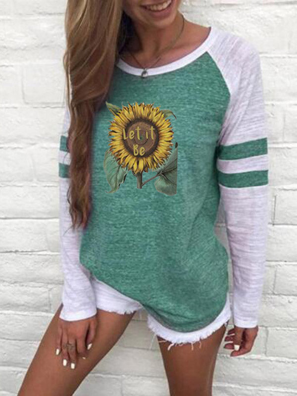 Top de rayas con cuello redondo estampado girasol para mujer