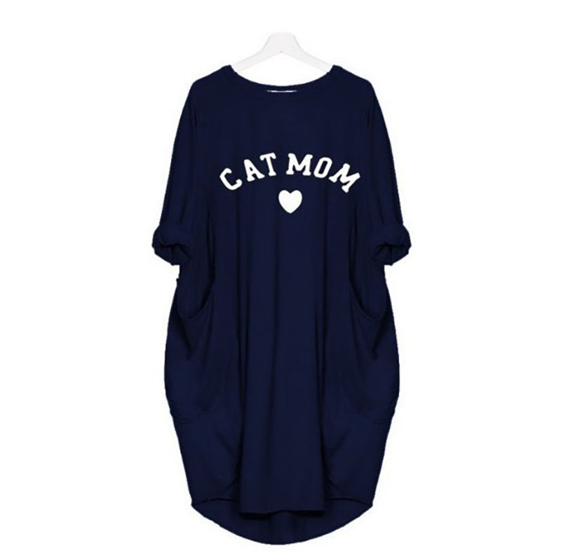 Cat Mom Printed Langarm Doppeltaschen Shift Daily Dress