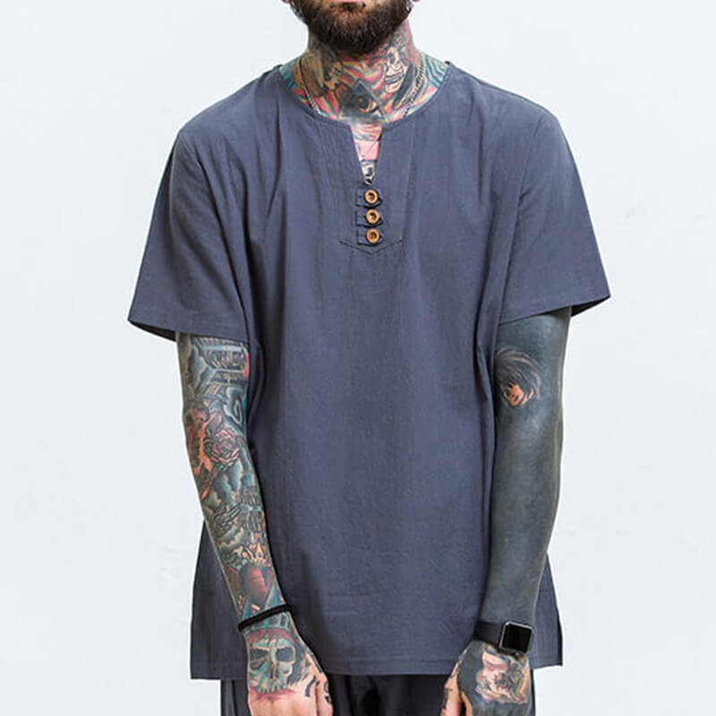 Vyriški vintažiniai patogūs trumpų rankovių medvilniniai marškiniai trumpomis rankovėmis ir V formos kakleliu