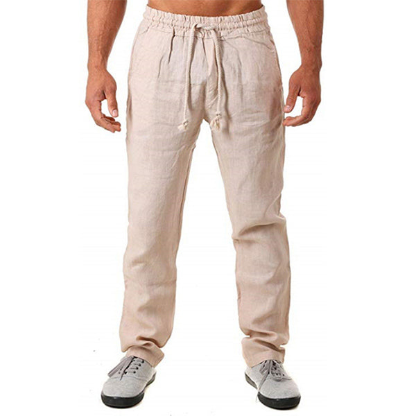 Negabaritinės medvilninės ir lininės kelnės vyrams su laisva virve