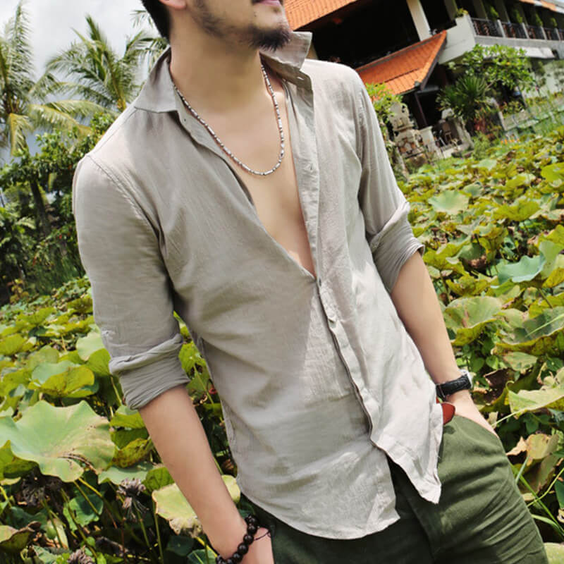 Stilvolles natürliches Langarm-Leinenhemd für Herren