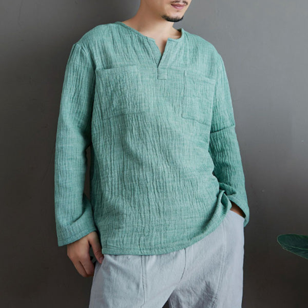 Herren Leinen V-Ausschnitt Tasche Langarmhemd T-Shirt