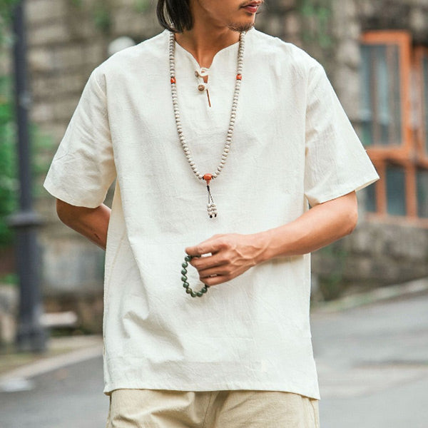 Solid color t-shirt with solid color button in cotton and linen for men