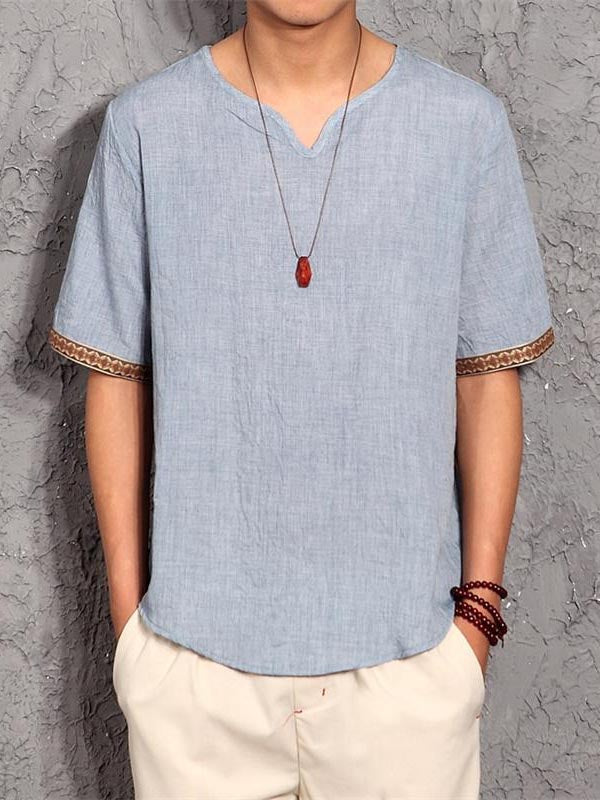 Camisa holgada de algodón y lino sin cuello