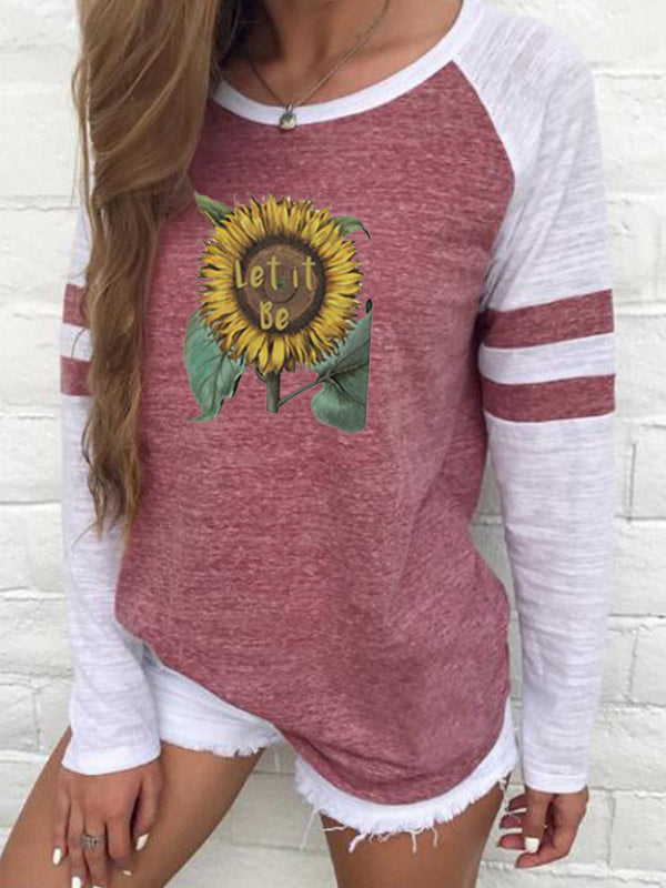 Top de rayas con cuello redondo estampado girasol para mujer
