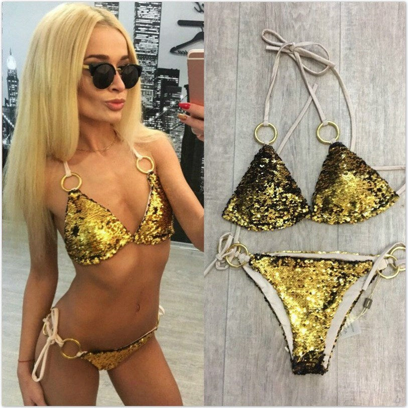 Sequin Circle String Halter Bikini Set