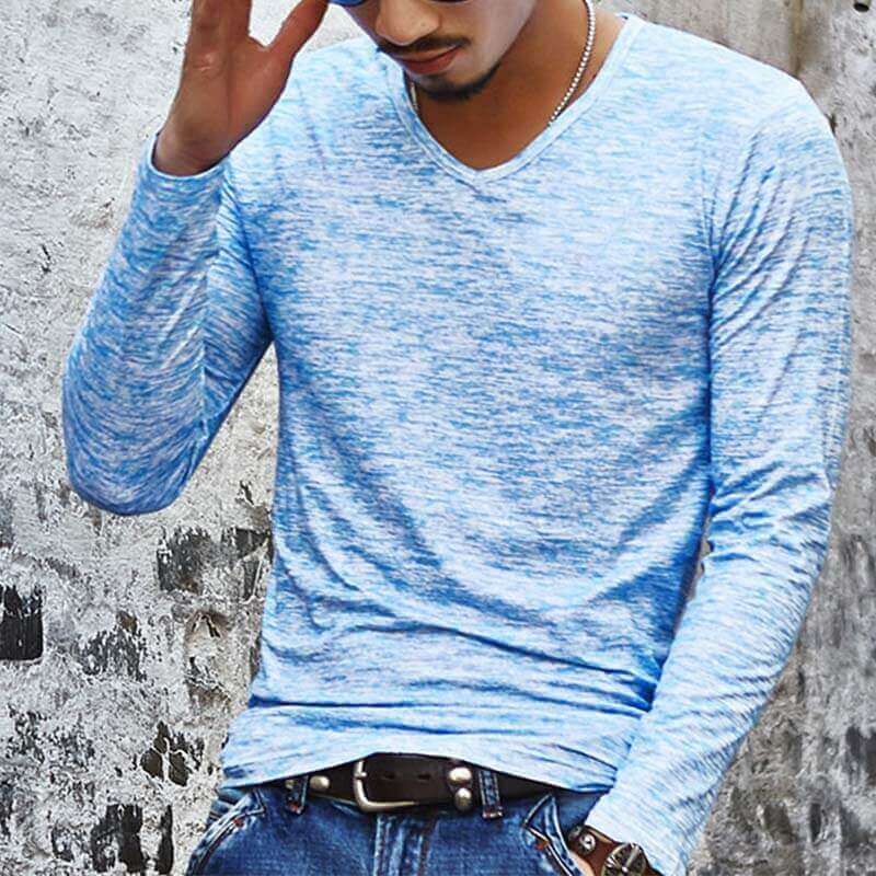 Vyriški marškiniai marškinėliais iš paprastų v formos kaklo ilgomis rankovėmis