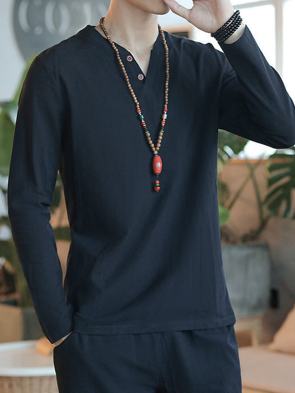 Vyriški vintažiniai medvilniniai lininiai marškinėliai ilgomis rankovėmis