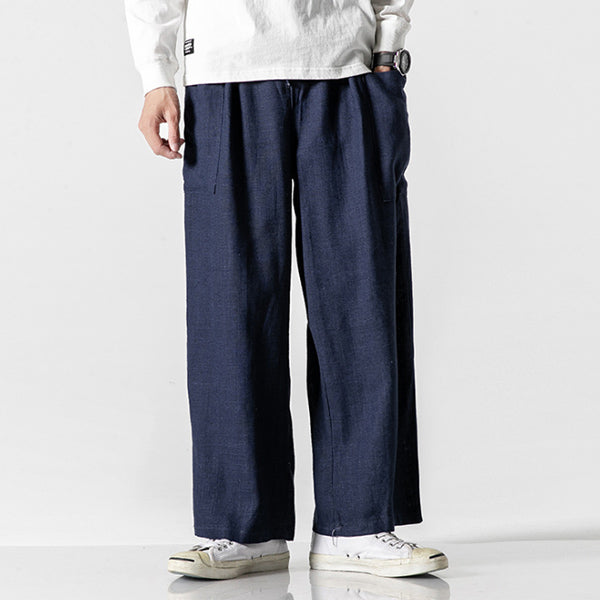 Bolsillos de lino de algodón retro para hombres con bragas sueltas y anchas