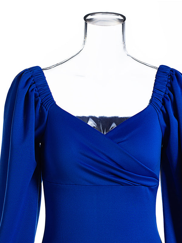 Vestido a media pierna con cuello en v vestido bodycon con mangas hinchadas