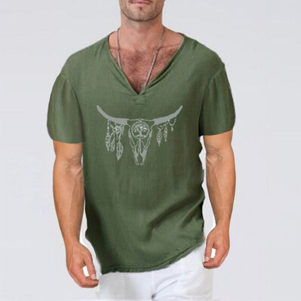 Kurzärmliges T-Shirt aus Baumwolle und Leinen mit Vintage-Kuhkopfdruck für Herren