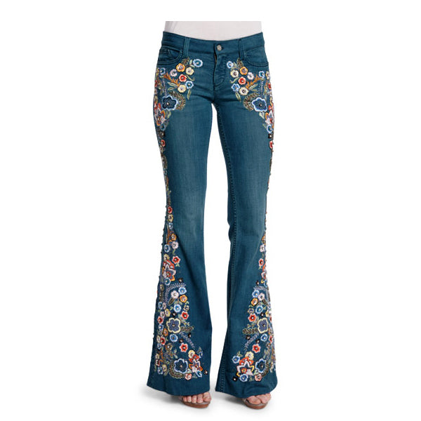 70er Jahre Blumen bestickte Bell Bottom Jeans