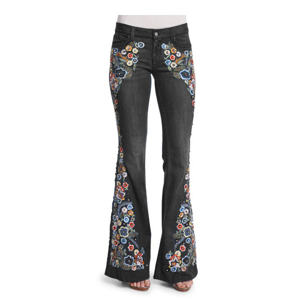 70er Jahre Blumen bestickte Bell Bottom Jeans